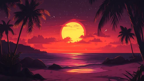 Radiant tropical sunset glows softly over a peaceful palm shore