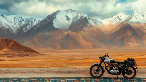 Photorealistic motorcycle landscape with alpine desert backdrop.