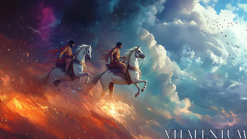 Twin riders crossing fiery skies on white celestial steeds.