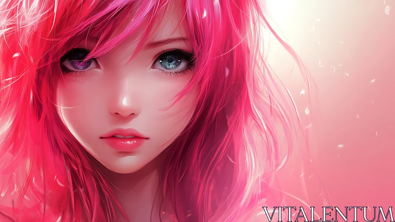 Vivid pink haired anime girl gazes forward in soft light
