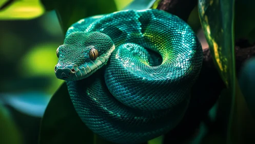 Coiled green tree snake resting on branch in foliage.
