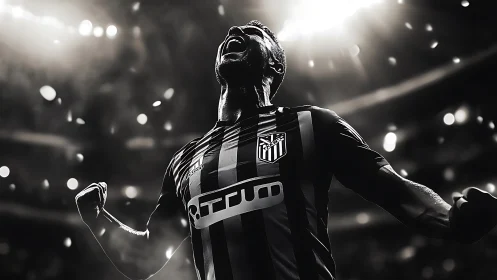 Soccer player celebrates under stadium floodlights at night.