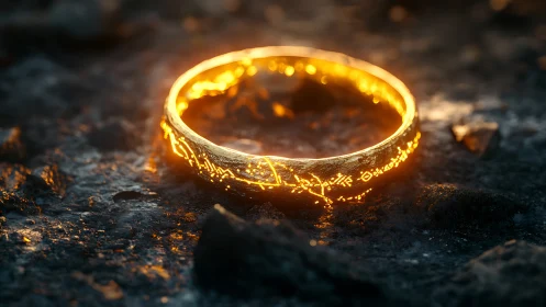 Enchanted gold ring glows over charred volcanic ground.