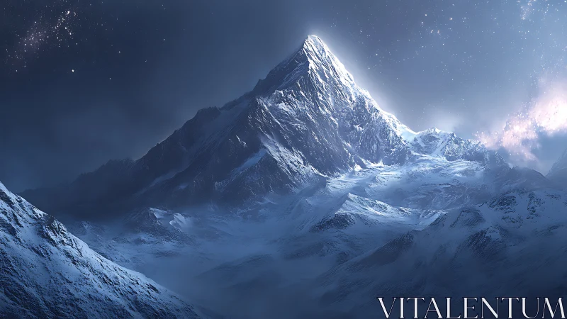 Glaciated alpine peak rendered under nocturnal sidelight with stars