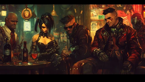 Cyberpunk mercenaries brood in a neon‑lit underground bar.
