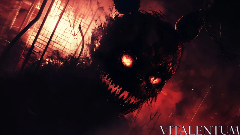 Demonic animatronic rabbit lunges through smoky red inferno