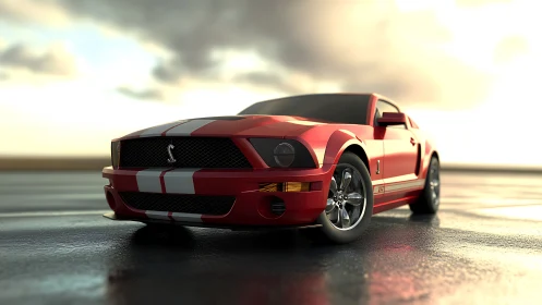Parametric-rendered red muscle coupe under reflective wet asphalt.