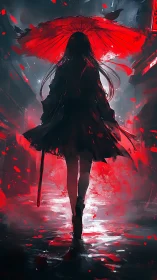 Shadowy girl with red umbrella in a rainlit city night.