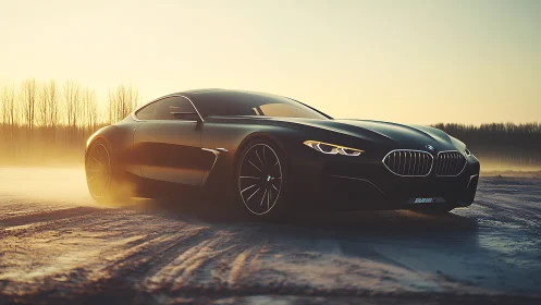 Black BMW sports coupe on frosty road at sunrise.