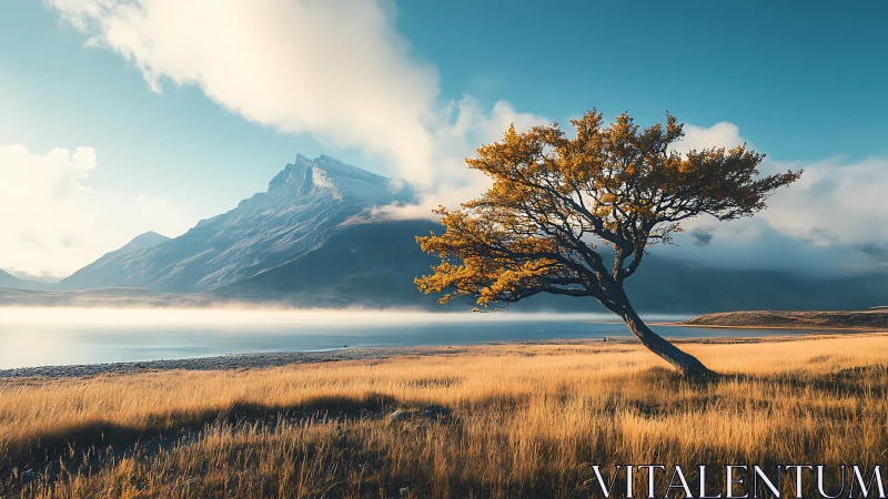 Solitary wind-bent tree guarding misty mountain shoreline.
