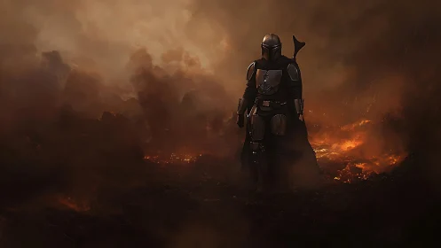 Armored lone warrior strides through volcanic battlefield haze