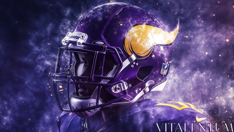 Cosmic gridiron warrior in purple nebula armor roars silently.