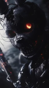 Burned animatronic rabbit glares with molten cyber eye.