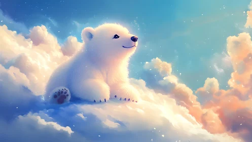 Dreamy polar cub sails bright clouds in pastel twilight