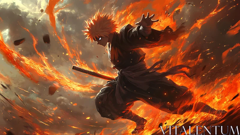 Flame-wreathed anime swordsman unleashes blazing power.