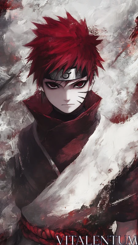 Red haired anime figure in layered cloak stands frontally posed