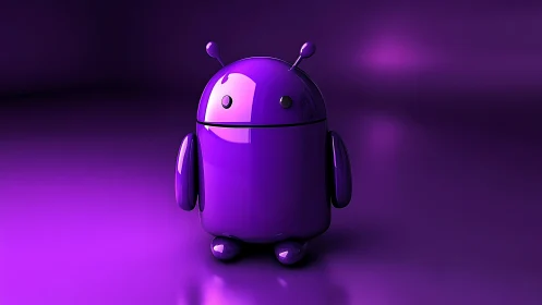 Chrome-plated purple droid glows in neon twilight haze.