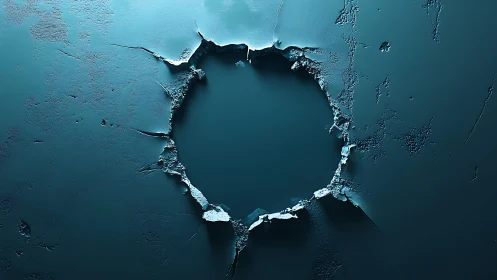 Cracked Wall with Large Circular Hole in Moody Blue Tones.