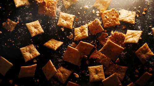 Golden Crackers Scattered on Dark Surface With Crumbs