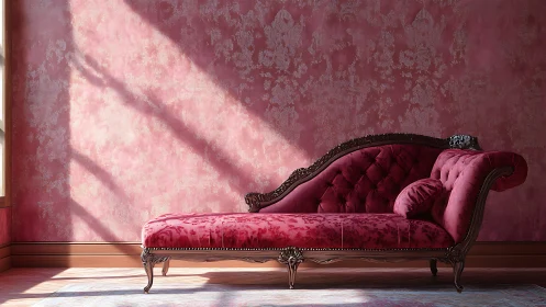 Vintage red chaise lounge against textured pink wall.