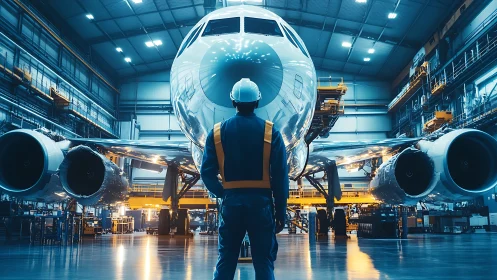 Quiet hangar moment with engineer and gleaming jetliner.