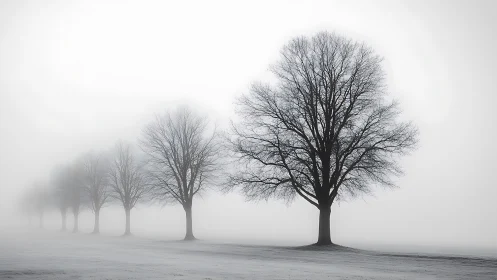 Solitary winter tree stands in serene morning fog landscape.