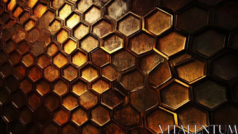 Golden metal honeycomb wall catches dramatic side light.