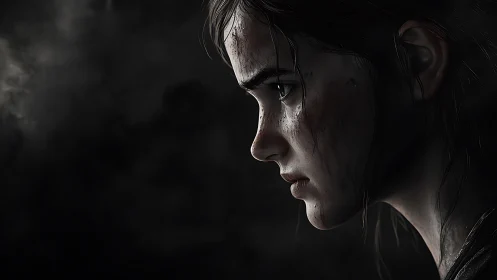 Profile view of dirt-marked young woman in dark setting.