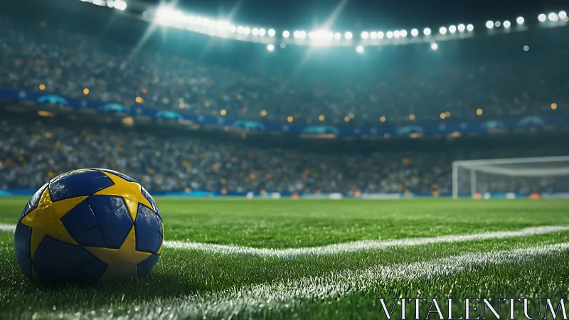Match ball rests on illuminated stadium pitch before kickoff