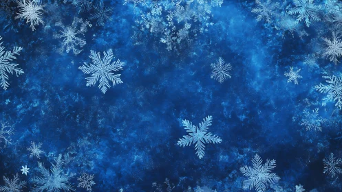 Intricate crystalline snowflakes over deep frosted blue field.