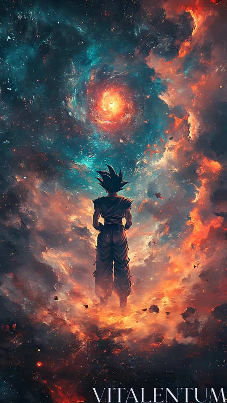 Dynamic anime figure suspended in cosmic nebula vortex composition.