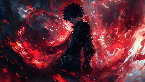 Volumetric crimson vortex encircling silhouette of dark caster.