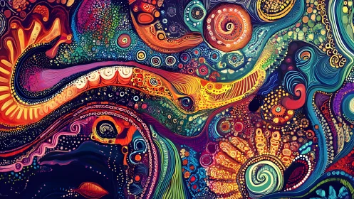 Multicolored abstract swirl pattern with layered organic forms.