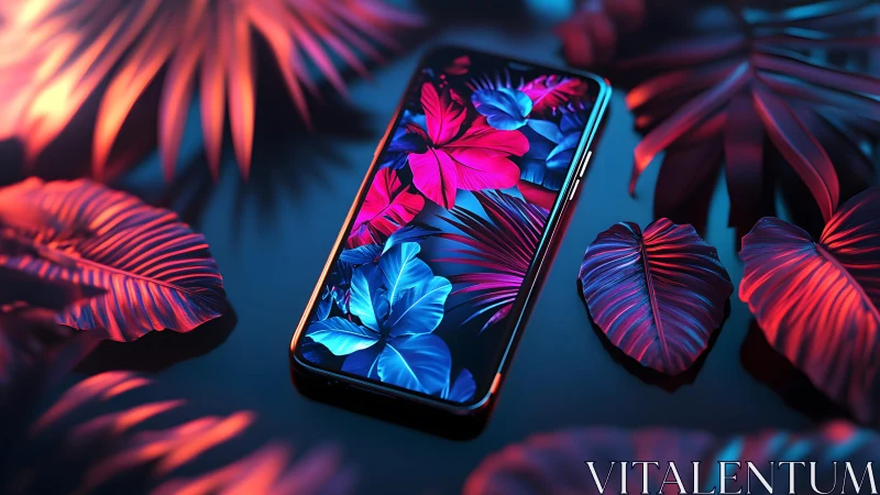 Modern smartphone with neon tropical leaves in vibrant digital art.