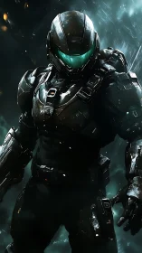 Armored space soldier strides through stormy cosmic battlefield