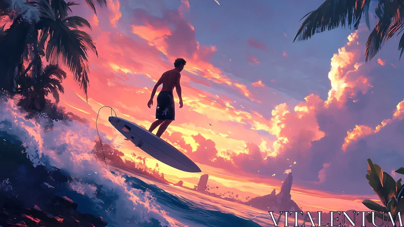 Sunset surfer hovering above glowing tropical waves.
