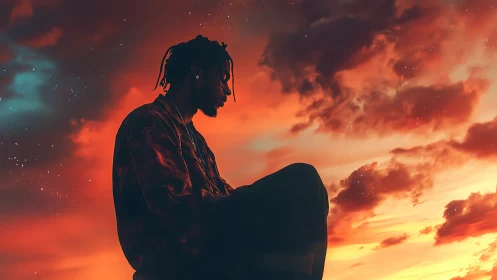 Silhouetted portrait against cinematic sunset cloudscape.