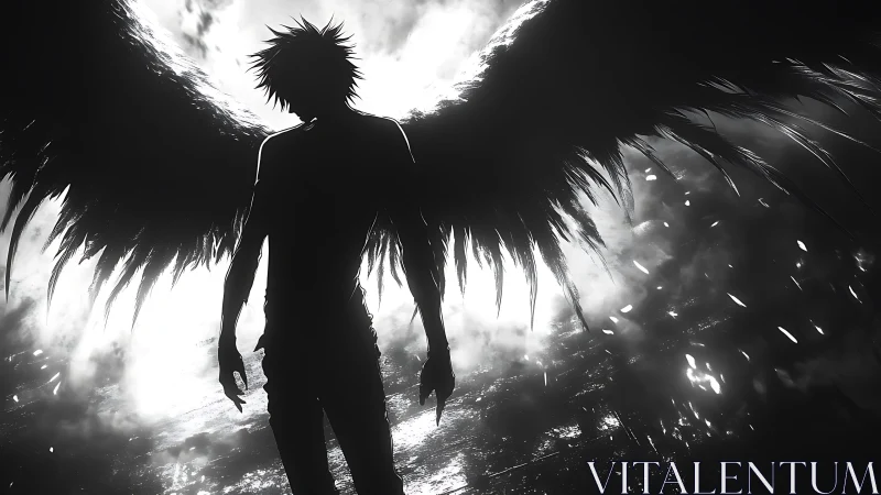 Silhouetted winged figure against high contrast sky field.