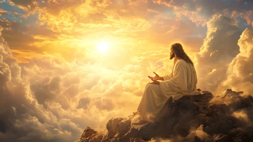 Messianic robed figure on sunlit cloud summit at golden hour