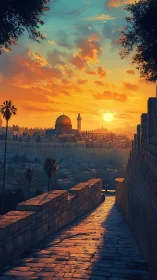 Sunlit stone walkway overlooks domed skyline at sunset