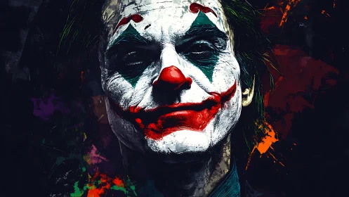 Digital portrait of sinister clown in chaotic neon splatter.