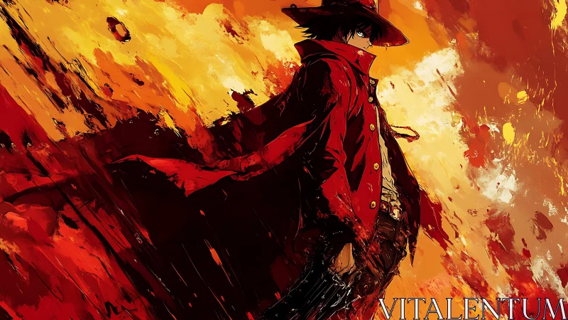 Pyrochromatic anime gunslinger amid turbulent paintstorm.