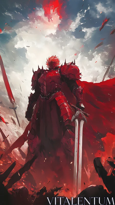 Armored crimson knight ascends from blazing battlefield sky.