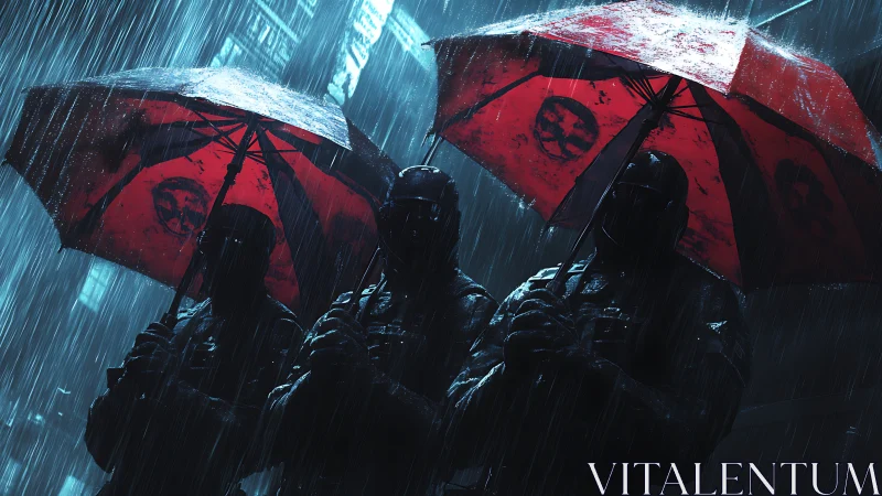 Paramilitary silhouettes under red skull umbrellas in rainstorm.