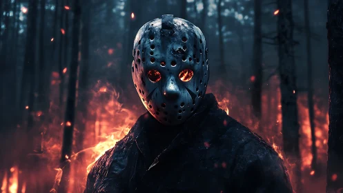 Mask of embers stalks a burning midnight forest scene.