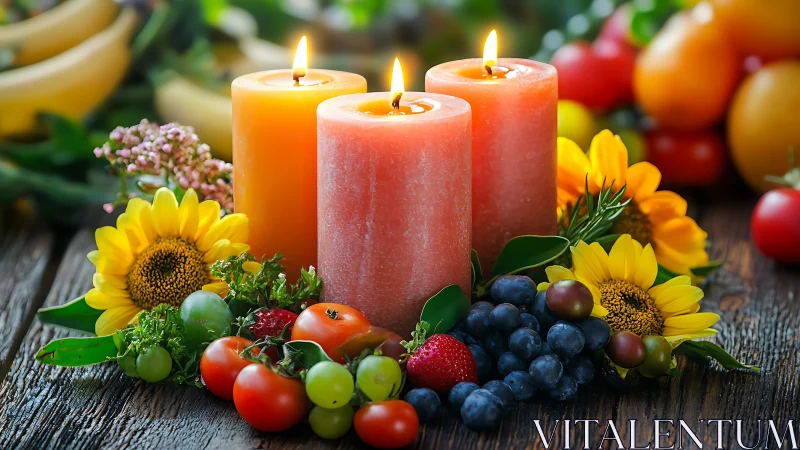 Golden candlelight glows softly among fruit and sunflowers