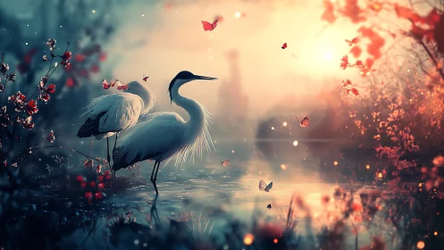 Cranes in shallow dusk water with volumetric light and bokeh field