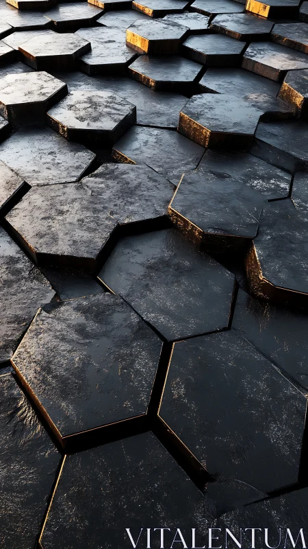 Warm light over rugged black hexagon stone pattern.