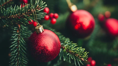 Red Christmas ornaments glow softly on a festive tree