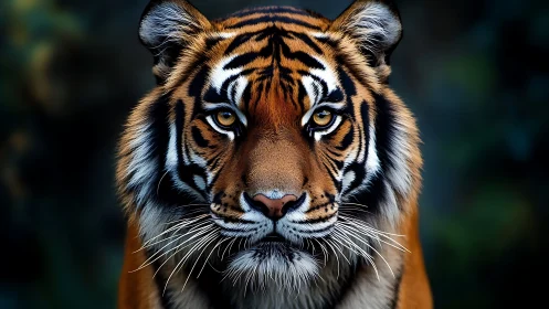Front-facing tiger portrait with high-detail facial symmetry.